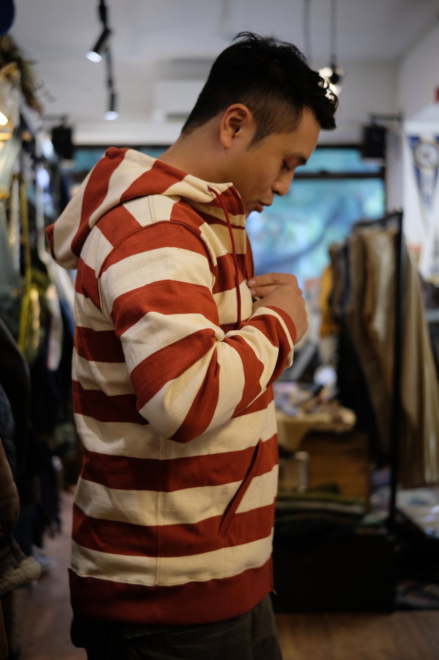 West Ride/ heavy border hoodie (brick/ cream)