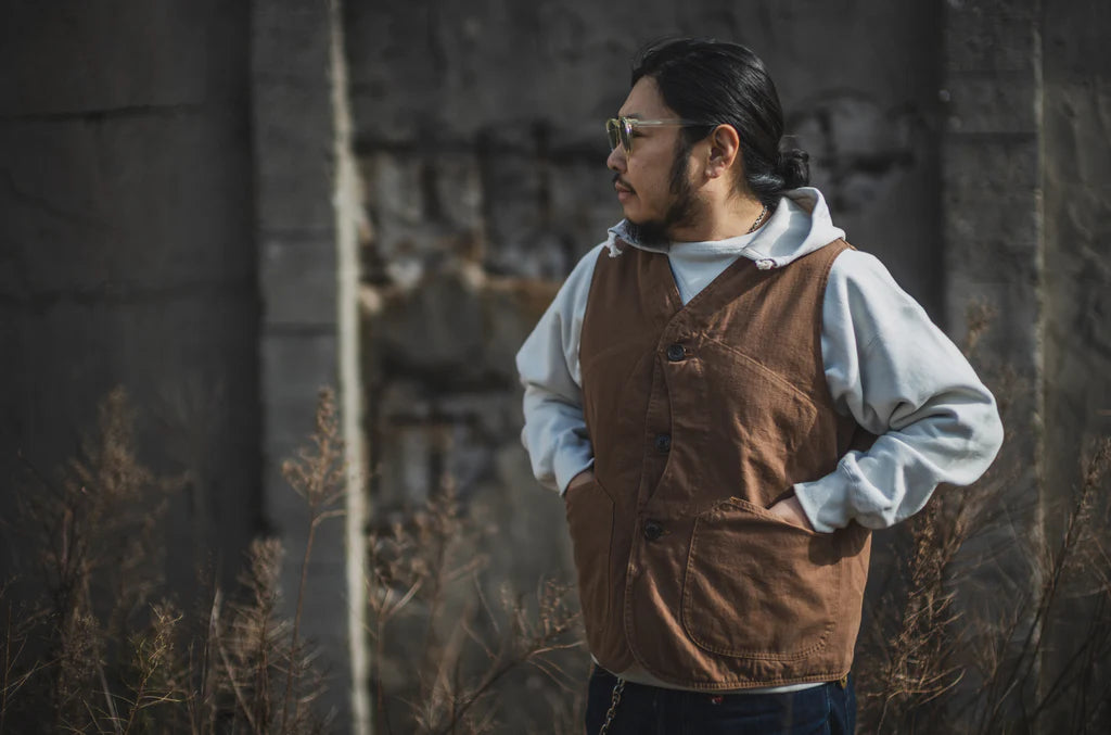 TCB jeans/ huntsman vest neppy brown herringbone