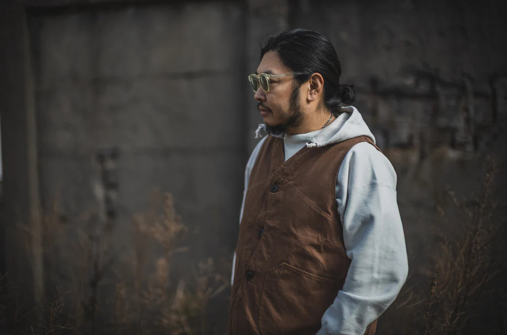 TCB jeans/ huntsman vest neppy brown herringbone