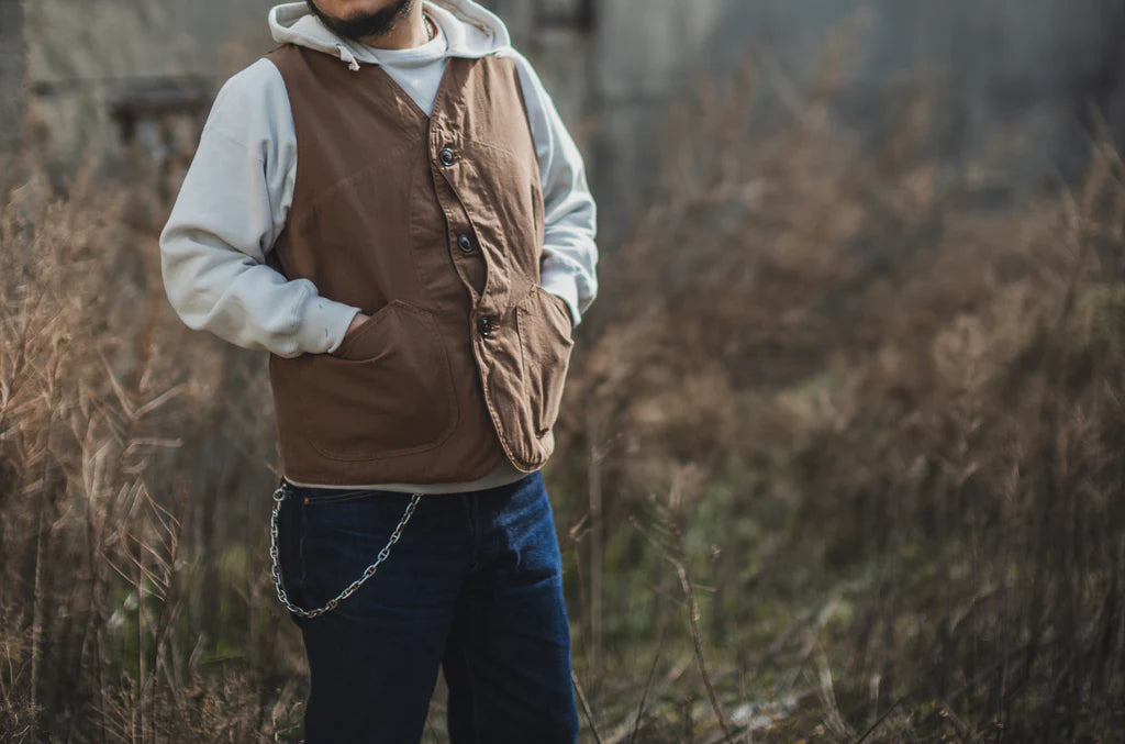 TCB jeans/ huntsman vest neppy brown herringbone