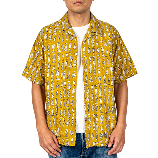 Workers/ Open Collar Shirt, Fish Block Print